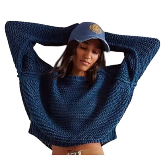 NEW FREE PEOPLE WE THE FREE MAJOLICA BLUE ESSENTIAL KNIT LINEN CREW SWEATER SZ S - Picture 1 of 10